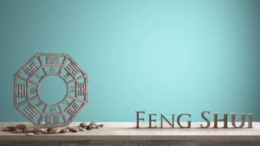 3d harf kelime feng shui turkuaz ciano arka plan kopya alanı, zen konsept iç tasarımı ile yapım ve ba gua ile ahşap antika tablo raf