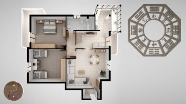 İç mimari proje ile feng shui danışmanlık, ev daire daire planı, bagua ve tao sembolü, yin ve yang polarizasyona, monogram kavramı arka plan ile üstten görünüm