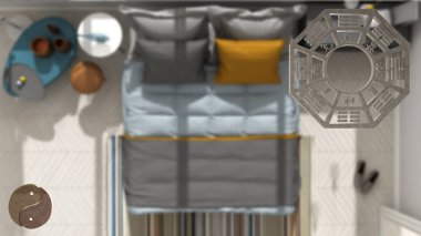 Feng shui danışmanlık, yatak odası planı, bagua ve tao sembollü üst görünüm, yin ve yang polaritesi, monogram konsept arka plan