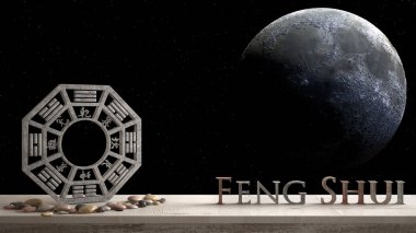 3d harf kelime feng shui ile gece gökyüzü evren ay arka plan kopya alanı, zen konsept iç tasarımı ile yapım ve ba gua ile ahşap antika tablo raf