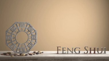 3d harf kelime feng shui turuncu kahverengi arka plan kopya alanı, zen konsept iç tasarımı ile yapım ve ba gua ile ahşap antika tablo raf