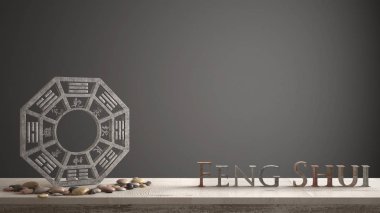 3d harf kelime feng shui kopya alanı, zen konsept iç tasarımı ile koyu gri arka plan yapma ve ba gua ile ahşap antika tablo raf