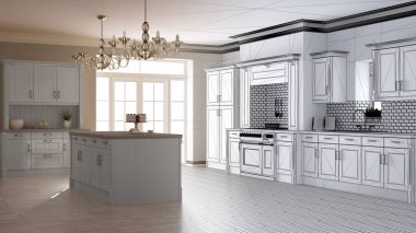 Klasik vintage lüks mutfak, iki büyük avizeler kolye lamba ve büyük pencere, çağdaş mimarinin iç tasarımı ile ada tamamlanmamış proje taslağı