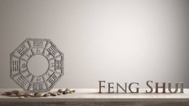3d harf kelime feng shui beyaz boş arka plan kopya alanı, zen konsept iç tasarımı ile yapım ve ba gua ile ahşap antika tablo raf