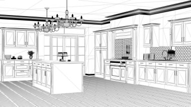 İç mimari proje, siyah ve beyaz mürekkep çizimi, mimari plan gösteren klasik vintage lüks mutfak, büyük avizeler ve pencere, çağdaş mimarisi ile ada