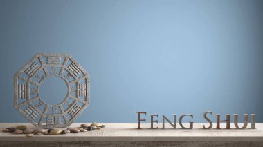 3d harf kelime feng shui mavi Donanma arka plan kopya alanı, zen konsept iç tasarımı ile yapım ve ba gua ile ahşap antika tablo raf