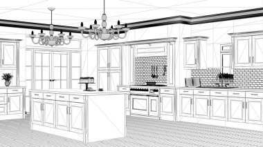 İç mimari proje, siyah ve beyaz mürekkep çizimi, mimari plan gösteren klasik vintage lüks mutfak, büyük avizeler ve pencere, çağdaş mimarisi ile ada