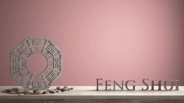 Ahşap antika tablo raf ba gua ve 3d harf kelime feng shui pembe kırmızı arka plan ile kopya alanı, zen konsept iç tasarım yapma
