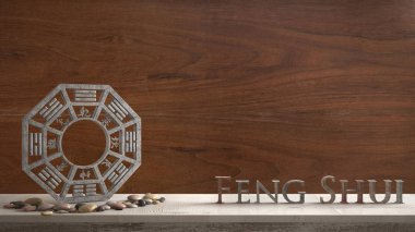 3d harf kelime feng shui vintage ahşap arka plan kopya alanı, zen konsept iç tasarımı ile yapım ve ba gua ile ahşap antika tablo raf