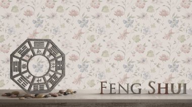 3d harf kelime feng shui ile çiçek arka plan kopya alanı, zen konsept iç tasarımı ile yapım ve ba gua ile ahşap antika tablo raf