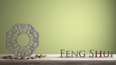 3d harf kelime feng shui sarı yeşil arka plan kopya alanı, zen konsept iç tasarımı ile yapım ve ba gua ile ahşap antika tablo raf