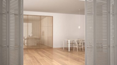 Minimalist beyaz ve ahşap oturma odası, yemek masası, kayar kapı ve modern mutfak, mimar tasarımcı kavramı, açılış beyaz katlanır kapı arka plan bulanıklık