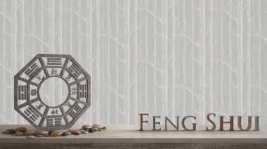 3d harf kelime feng shui soyut orman arka plan kopya alanı, zen konsept iç tasarımı ile yapım ve ba gua ile ahşap antika tablo raf