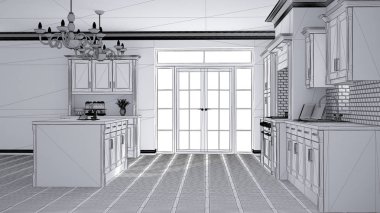 Klasik vintage lüks mutfak, iki büyük avizeler kolye lamba ve büyük pencere, çağdaş mimarinin iç tasarımı ile ada tamamlanmamış proje taslağı