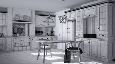 İskandinav klasik mutfak yemek masası ve sandalyeler, windows ve sabah ışık, vintage Ocak ve kolye lamba, minimalist iç tasarım kroki ile tamamlanmamış proje taslağı