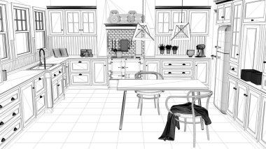 İç mimari proje, siyah ve beyaz mürekkep kroki, klasik mutfak yemek masası ve sandalyeler, windows ve gün ışığına, çağdaş mimarisi ile gösterilen mimari planı