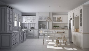 İskandinav klasik mutfak yemek masası ve sandalyeler, windows ve sabah ışık, vintage Ocak ve kolye lamba, minimalist iç tasarım kroki ile tamamlanmamış proje taslağı