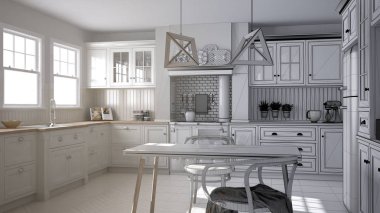 İskandinav klasik mutfak yemek masası ve sandalyeler, windows ve sabah ışık, vintage Ocak ve kolye lamba, minimalist iç tasarım kroki ile tamamlanmamış proje taslağı