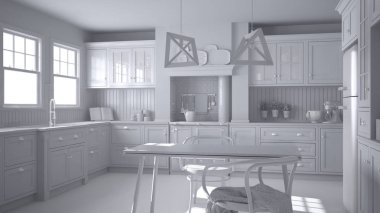 Toplam beyaz proje İskandinav klasik mutfak yemek masası ve sandalyeler, windows ve sabah ışık, vintage Ocak ve kolye lamba, minimalist dekorasyon ile