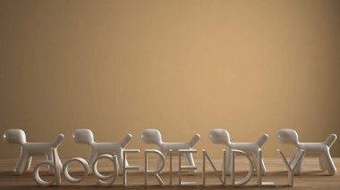 Boş iç tasarım konsepti, ahşap masa veya satır beş stilize köpek, köpek dostu kavramı, hayvan sevgisi ile raf, ev, turuncu renk mimari arka plan kanıtı hayvan köpek