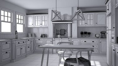 İskandinav klasik mutfak yemek masası ve sandalyeler, windows ve sabah ışık, vintage Ocak ve kolye lamba, minimalist iç tasarım kroki ile tamamlanmamış proje taslağı