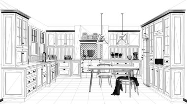 İç mimari proje, siyah ve beyaz mürekkep kroki, klasik mutfak yemek masası ve sandalyeler, windows ve gün ışığına, çağdaş mimarisi ile gösterilen mimari planı