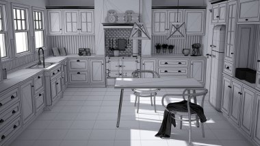 İskandinav klasik mutfak yemek masası ve sandalyeler, windows ve sabah ışık, vintage Ocak ve kolye lamba, minimalist iç tasarım kroki ile tamamlanmamış proje taslağı