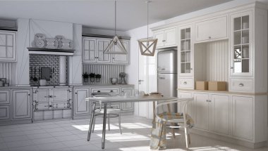 İskandinav klasik mutfak yemek masası ve sandalyeler, windows ve sabah ışık, vintage Ocak ve kolye lamba, minimalist iç tasarım kroki ile tamamlanmamış proje taslağı