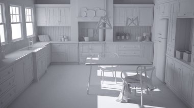 Toplam beyaz proje İskandinav klasik mutfak yemek masası ve sandalyeler, windows ve sabah ışık, vintage Ocak ve kolye lamba, minimalist dekorasyon ile