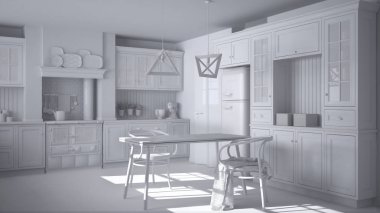 Toplam beyaz proje İskandinav klasik mutfak yemek masası ve sandalyeler, windows ve sabah ışık, vintage Ocak ve kolye lamba, minimalist dekorasyon ile