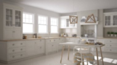 Arka plan dekorasyon, İskandinav klasik mutfak yemek masası ve sandalyeler, windows ve sabah ışık, vintage Ocak ve kolye lamba, minimalist mimarisi ile bulanıklık