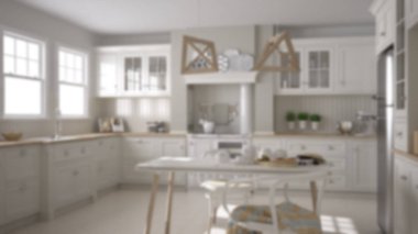 Arka plan dekorasyon, İskandinav klasik mutfak yemek masası ve sandalyeler, windows ve sabah ışık, vintage Ocak ve kolye lamba, minimalist mimarisi ile bulanıklık