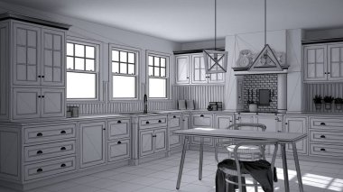 İskandinav klasik mutfak yemek masası ve sandalyeler, windows ve sabah ışık, vintage Ocak ve kolye lamba, minimalist iç tasarım kroki ile tamamlanmamış proje taslağı