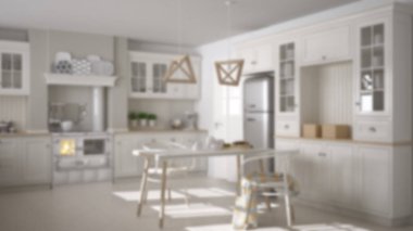 Arka plan dekorasyon, İskandinav klasik mutfak yemek masası ve sandalyeler, windows ve sabah ışık, vintage Ocak ve kolye lamba, minimalist mimarisi ile bulanıklık