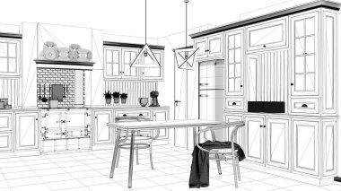 İç mimari proje, siyah ve beyaz mürekkep kroki, klasik mutfak yemek masası ve sandalyeler, windows ve gün ışığına, çağdaş mimarisi ile gösterilen mimari planı