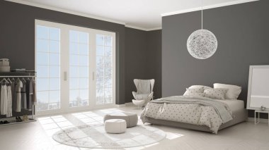 Konforlu modern gri ve bej yatak odası ahşap parke zemin, kış manzara, halı, koltuk ve yatak battaniye ve yastıklar, en az iç tasarımı ile panoramik pencere ile