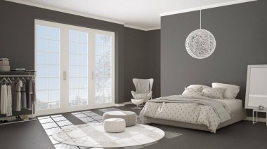 Konforlu modern gri ve bej yatak odası ahşap parke zemin, kış manzara, halı, koltuk ve yatak battaniye ve yastıklar, en az iç tasarımı ile panoramik pencere ile