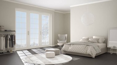 Konforlu modern gri ve bej yatak odası ahşap parke zemin, kış manzara, halı, koltuk ve yatak battaniye ve yastıklar, en az iç tasarımı ile panoramik pencere ile