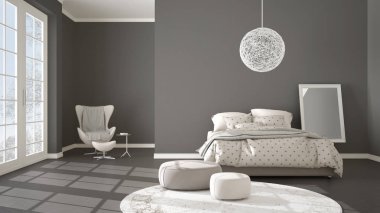 Konforlu modern gri ve bej yatak odası ahşap parke zemin, kış manzara, halı, koltuk ve yatak battaniye ve yastıklar, en az iç tasarımı ile panoramik pencere ile