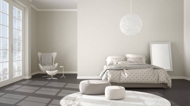 Konforlu modern gri ve bej yatak odası ahşap parke zemin, kış manzara, halı, koltuk ve yatak battaniye ve yastıklar, en az iç tasarımı ile panoramik pencere ile