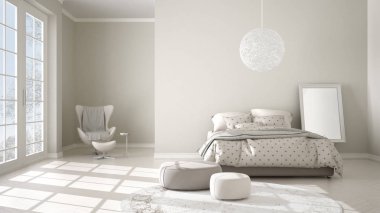 Konforlu modern bej ve beyaz yatak odası ahşap parke zemin, kış manzara, halı, koltuk ve yatak battaniye ve yastıklar, en az iç tasarımı ile panoramik pencere ile