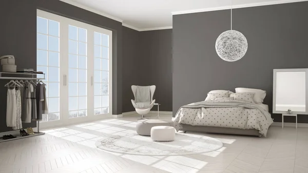 Komfortables Modernes Grau Beiges Schlafzimmer Mit Holzparkettboden Panoramafenster Auf Winterlandschaft — Stockfoto