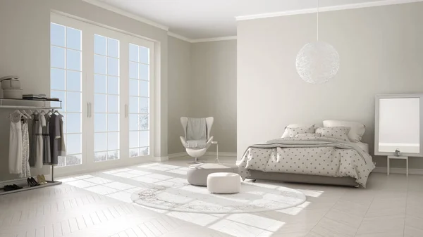 Comfortable Modern White Beige Bedroom Wooden Parquet Floor Panoramic Window — Stock Photo, Image