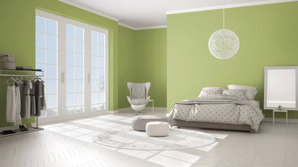 Farbiges Modernes Grünes Und Beiges Schlafzimmer Mit Holzparkettboden Panoramafenster Auf — Stockfoto