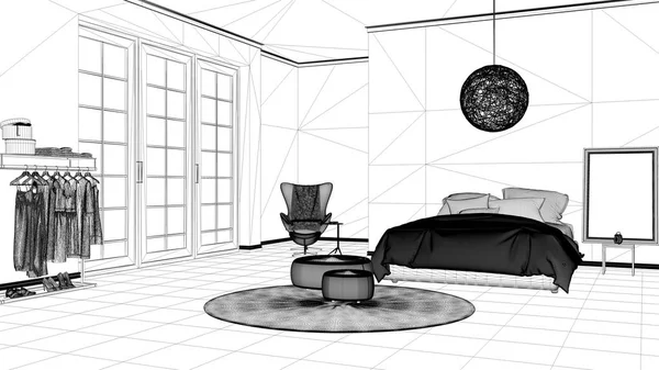 室内设计项目 黑白墨水素描 建筑蓝图显示现代卧室与木地板 全景窗户 地毯和床 当代建筑 — 图库照片