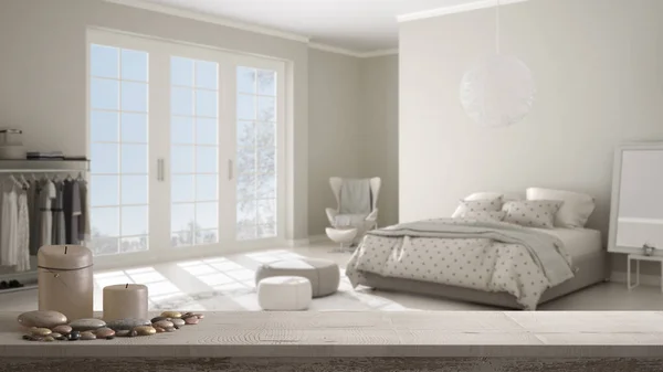 빈티지 테이블 파노라마 최소한의 인테리어 디자인 편안한 침실에 — 스톡 사진