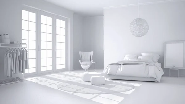 Projet Total Blanc Confortable Chambre Moderne Avec Parquet Bois Fenêtre — Photo