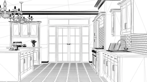 Interior design project, black and white ink sketch, architecture blueprint showing classic vintage luxury kitchen, island with big chandeliers and window, contemporary architecture