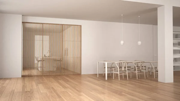 Minimalist White Wooden Living Room Dining Table Sliding Door Modern — Stock Photo, Image