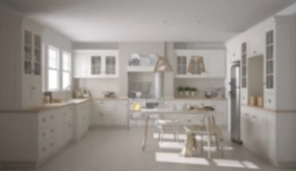 Sfocatura Sfondo Interior Design Cucina Classica Scandinava Con Tavolo Pranzo — Foto Stock